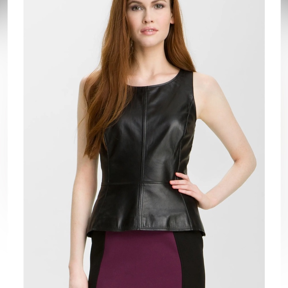 Halogen black leather front knit top blouse peplum fitted
